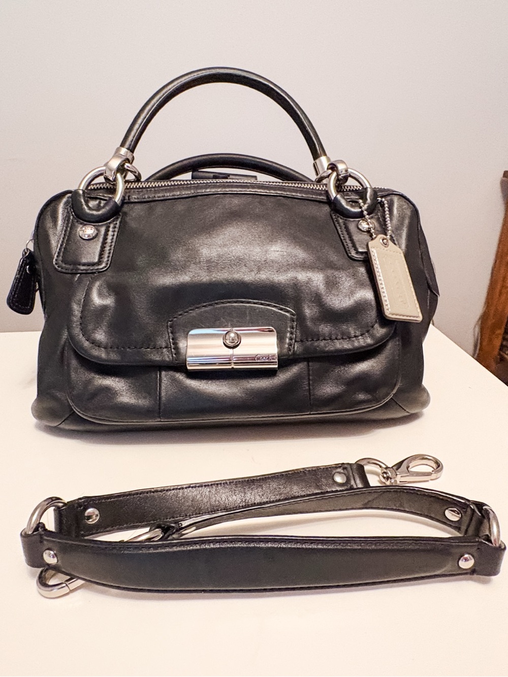 COACH Kristin Black Supple Leather Double-Zip Satchel